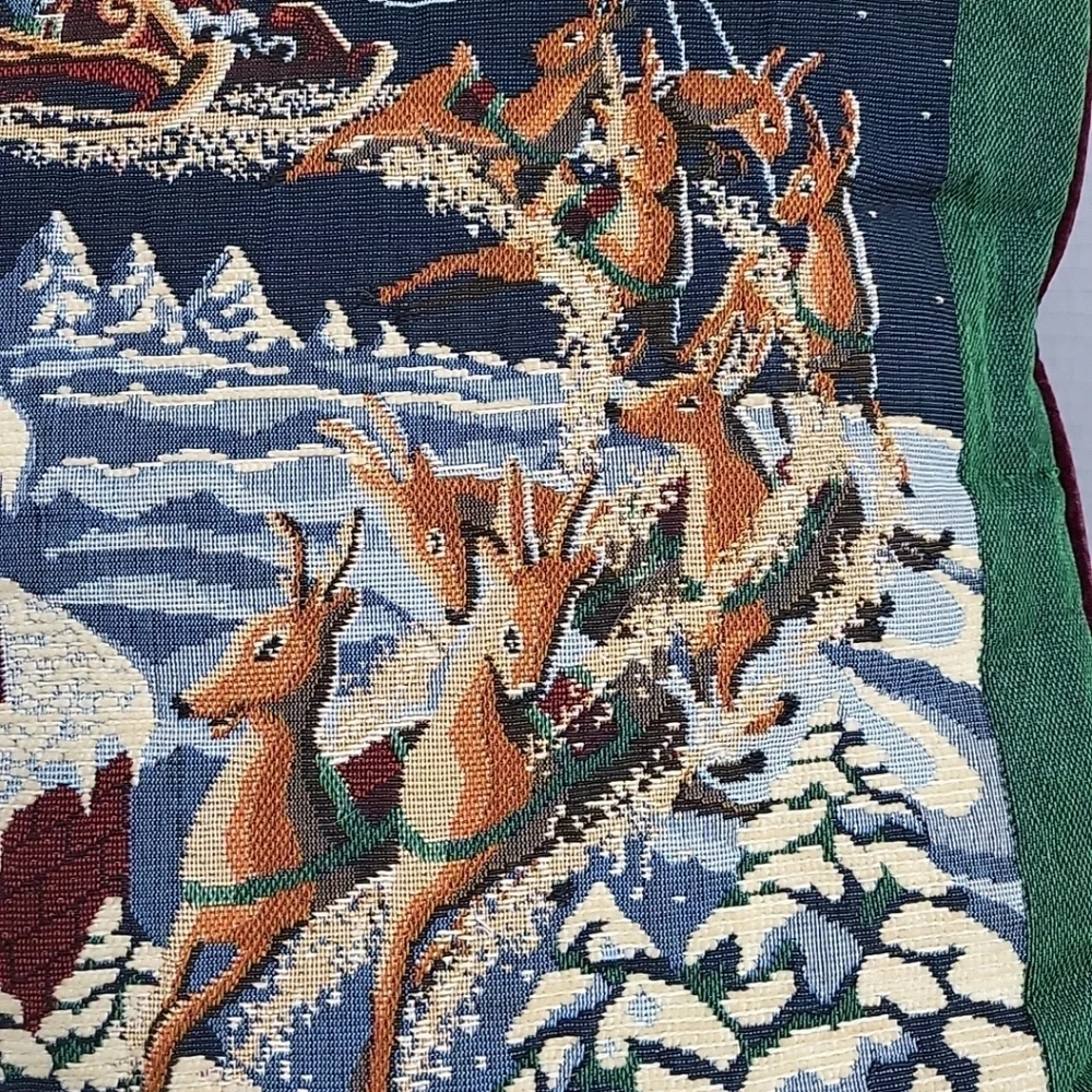Vintage Christmas‎ Santa With Flying Reindeer Tapestry Pillow 16”x 16